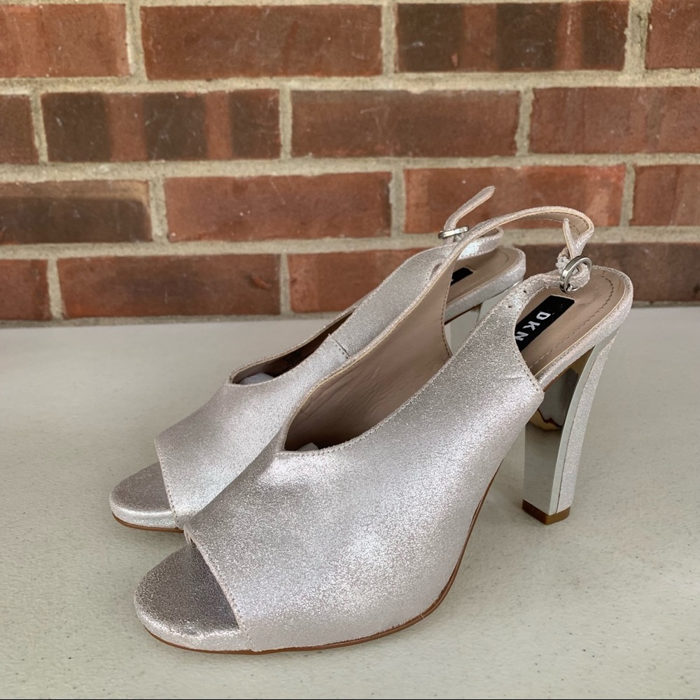 DKNY Col Metallic Silver Glitter Leather Peep Toe Slingback Heeled Sandals